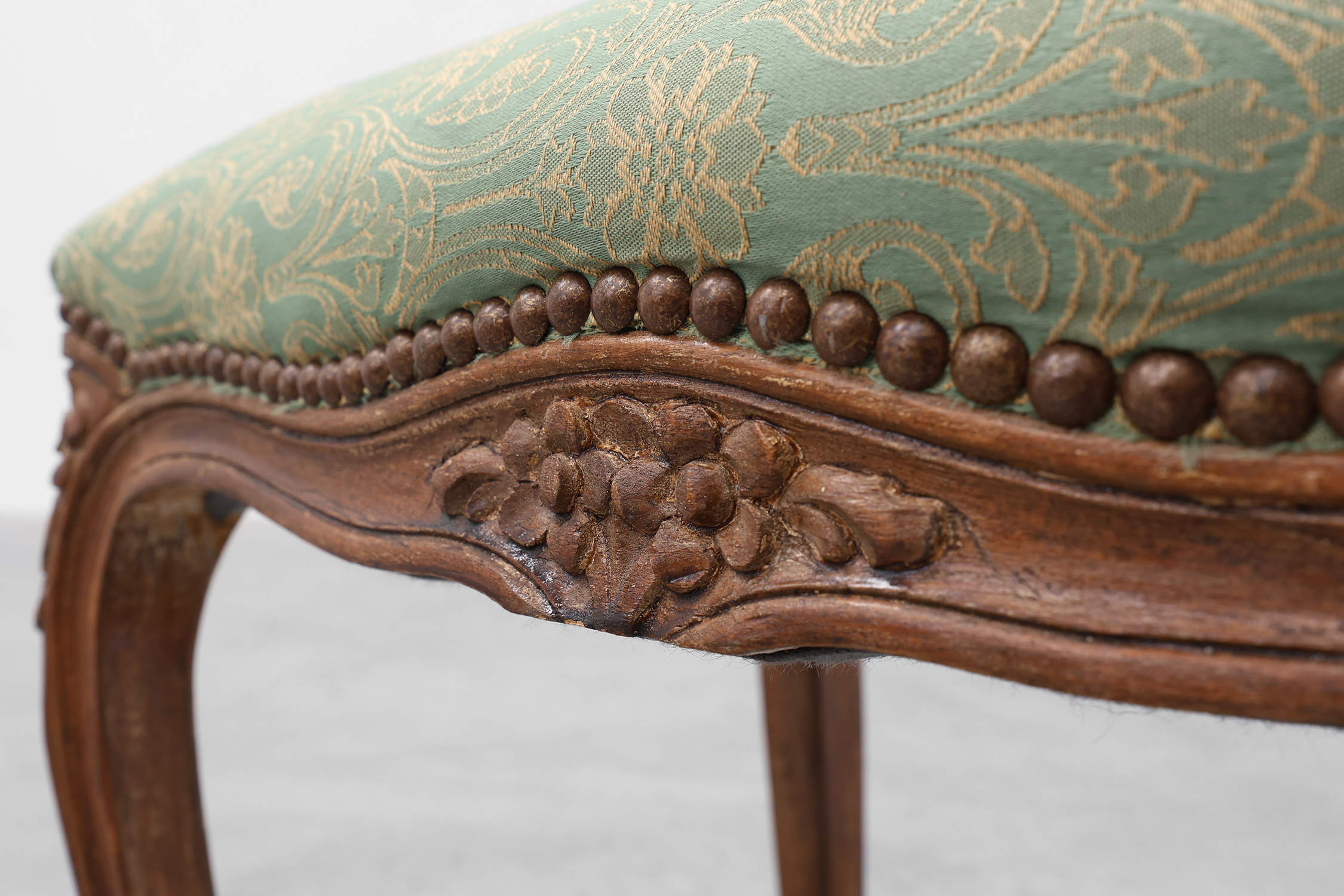 Louis XV stool with carved floral apron and original damask upholstery, France ca. 1900thumbnail